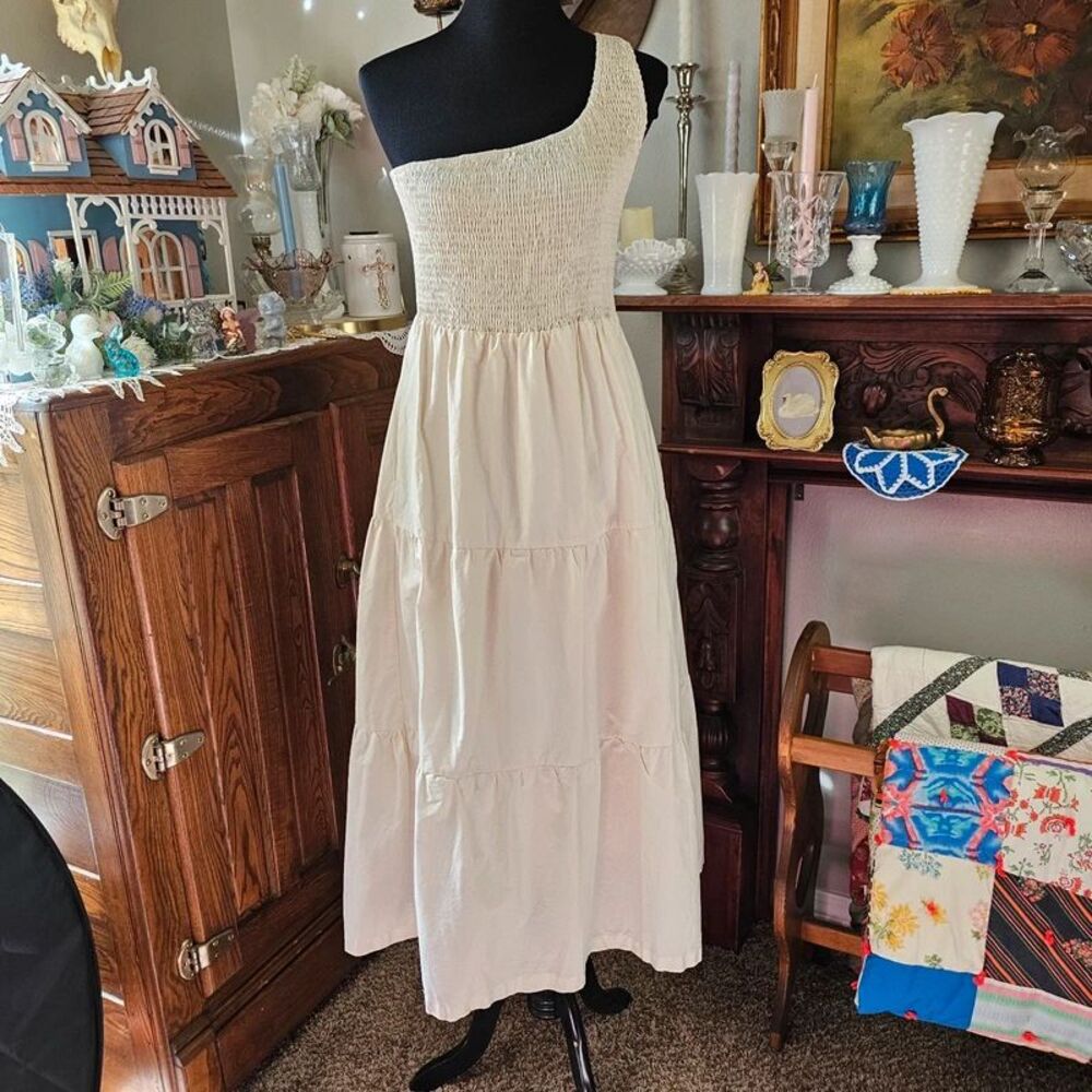 Aureum One Shoulder Smocked Cotton Tiered Maxi Dress Pockets Large